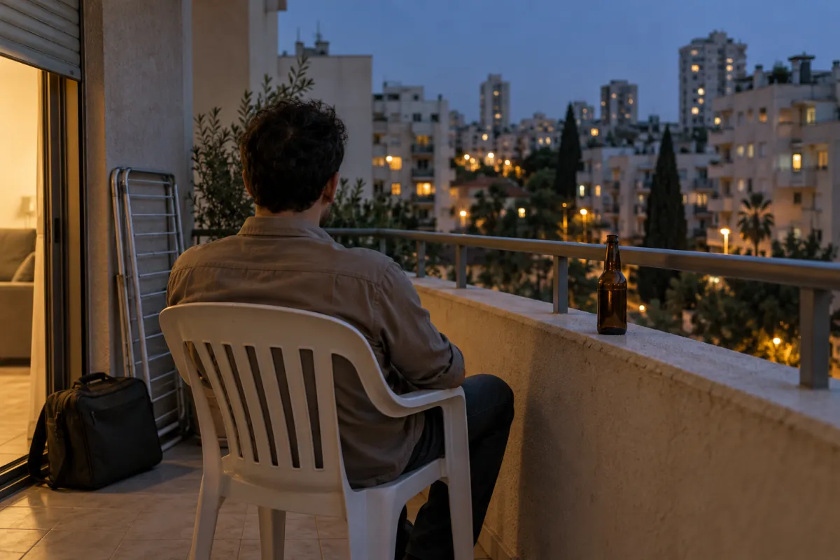 גבר יושב על כיסא פלסטיק במרפסת בשעת ערב, בגבו למצלמה, ובקבוק בירה על המעקה