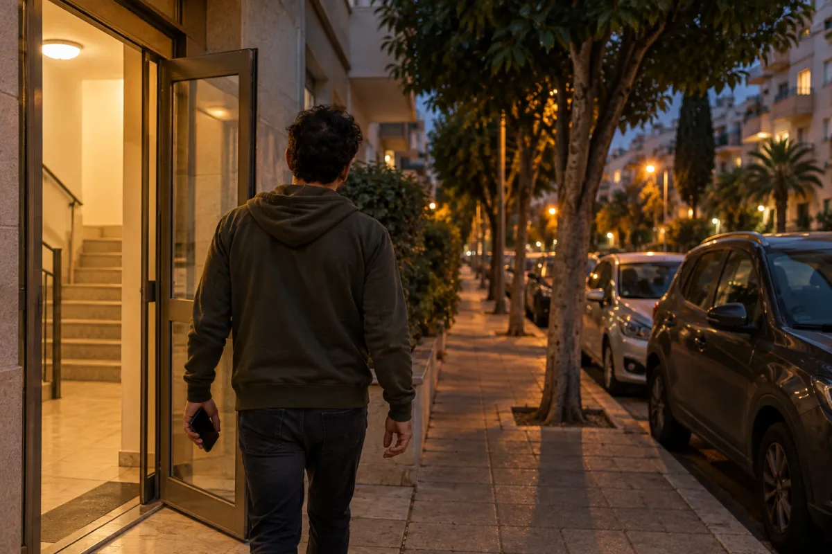 גבר בקפוצ'ון יוצא מבניין מגורים לרחוב בערב, בגבו למצלמה