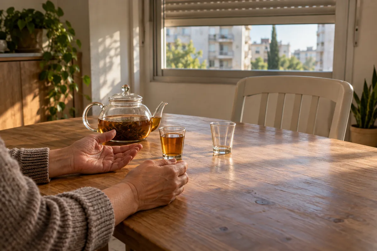 ידיים של אישה על שולחן עץ ליד קנקן תה, כוס מלאה וכוס ריקה, ומולה כיסא פנוי, באור של אחר הצהריים