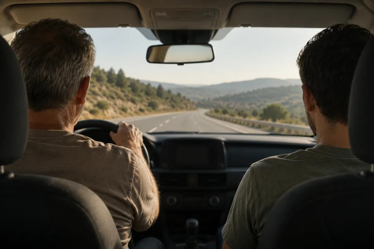 הורה נוהג ובחור צעיר יושב לידו, שניהם מצולמים מהגב, בנסיעת בוקר