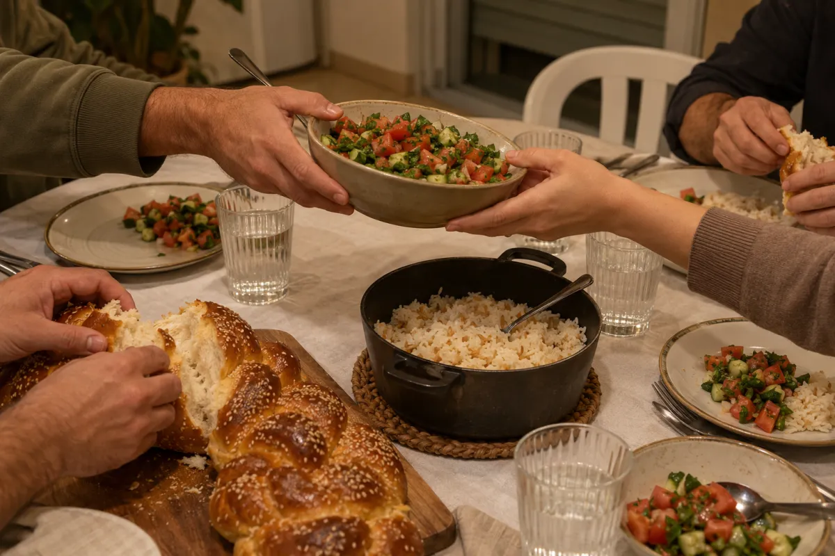 ידיים של בני משפחה מעבירות קערת סלט וחלה סביב שולחן ארוחת שישי