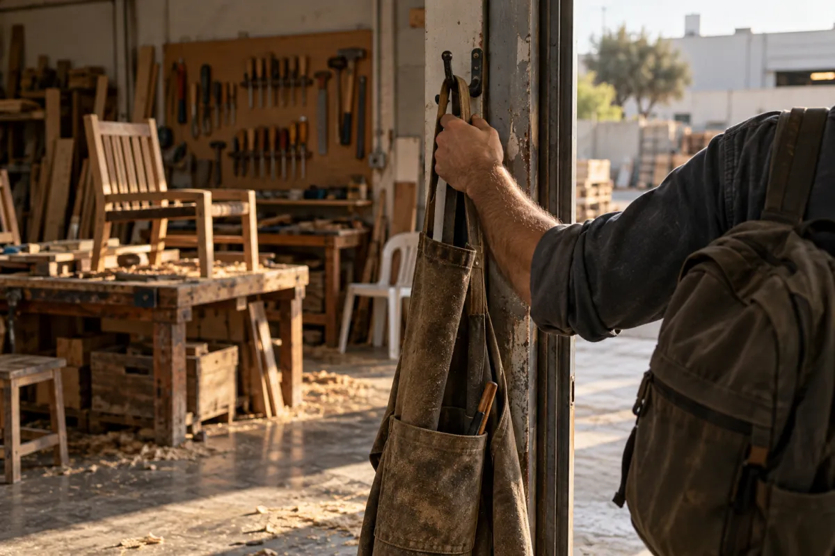 יד של גבר תולה סינר עבודה על וו בנגרייה בסוף היום, ותיק גב כבר על הכתף